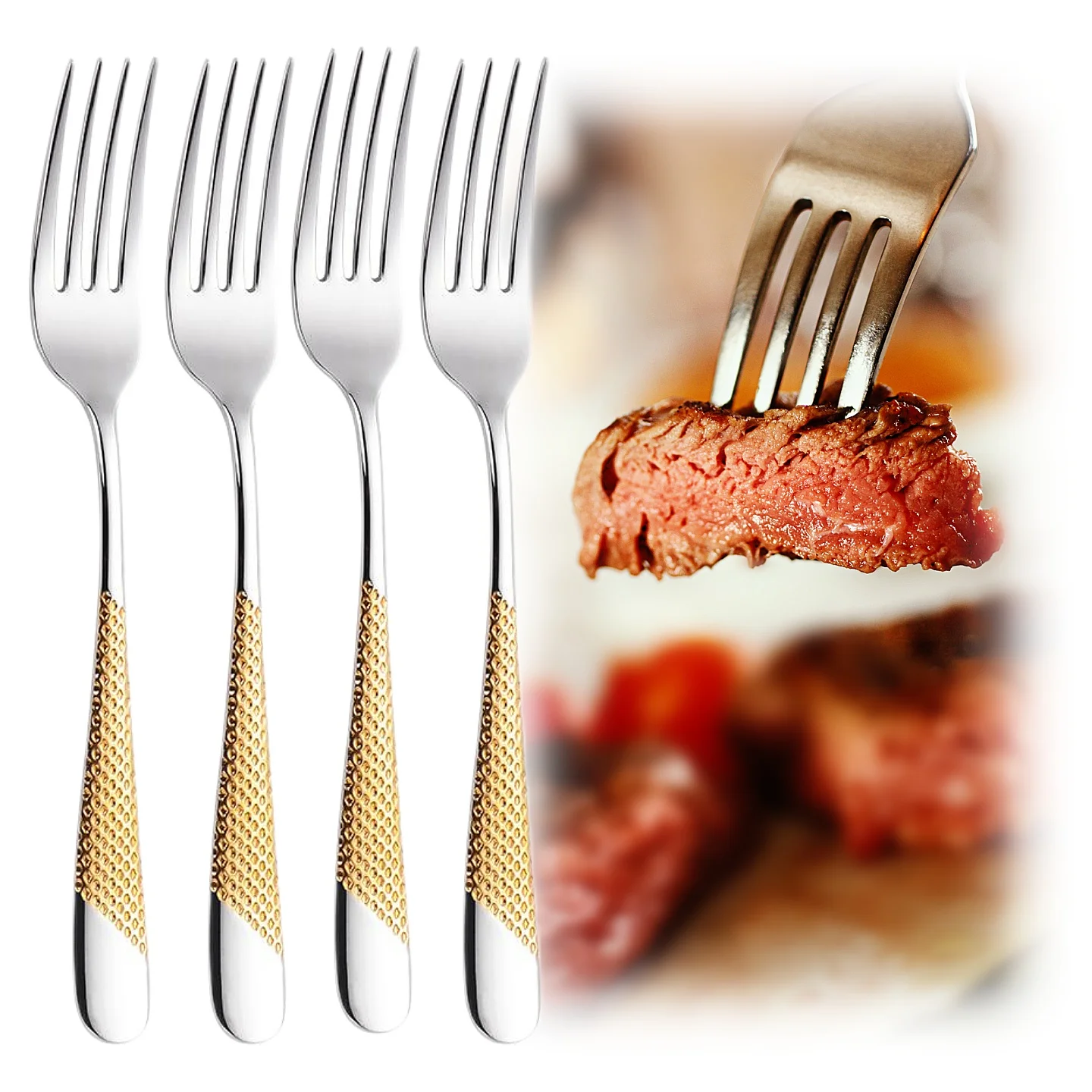 7.95“ Food Grade 18-10 Steel Luxury Gold Plated Dinner Forks Set Dishwasher Safe Salad Fork Table Fork Set With Hammered Handle