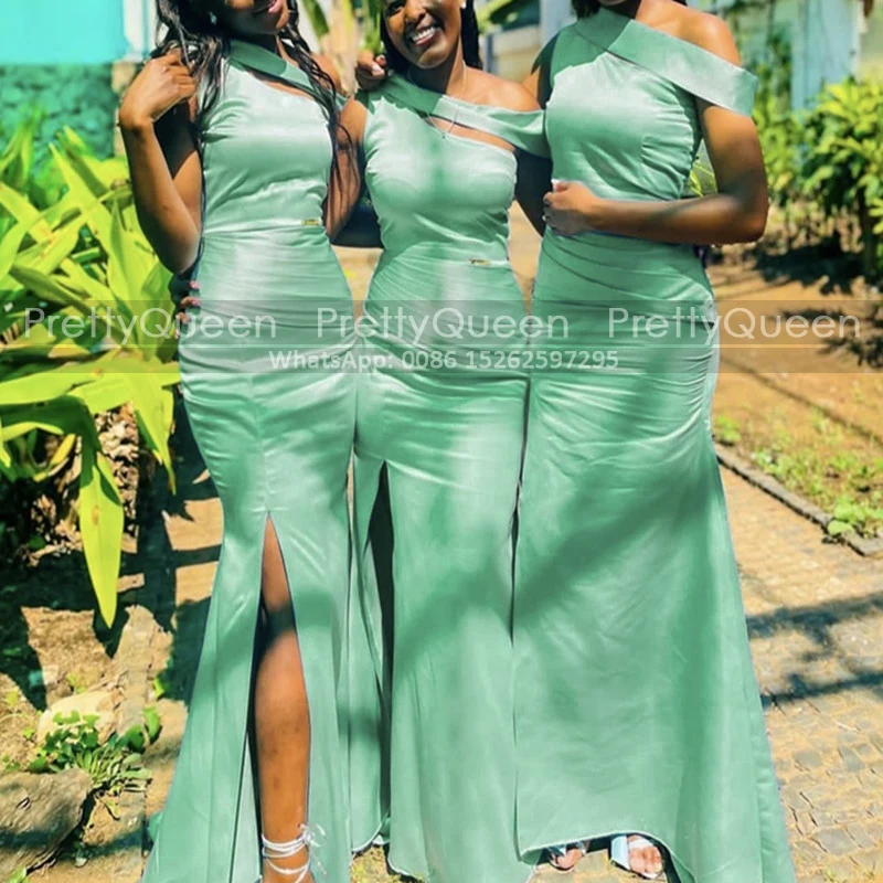 Mint Green Mermaid Long Bridesmaid Dresses One Shoulder Side Split Customized Trumpet Wedding Party Dress For Women