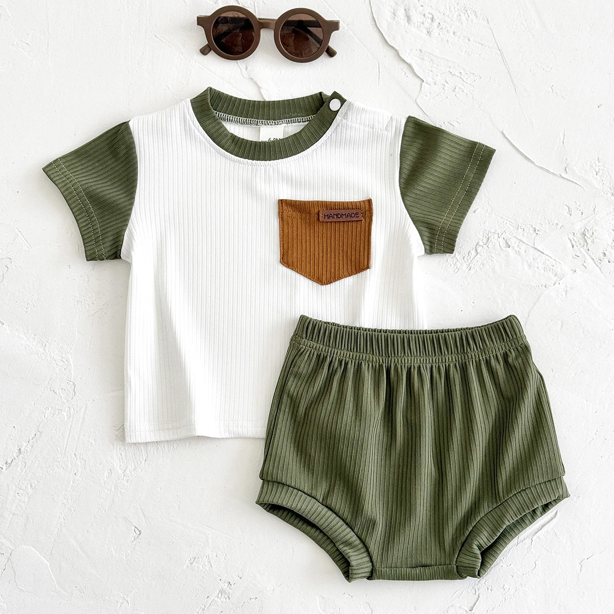0-3Y Newborn Summer New Boys Green White Splicing Color Short Sleeved Shirt+Shorts Casual Girls Baby Clothes Sweatshirt 2Pcs/Set