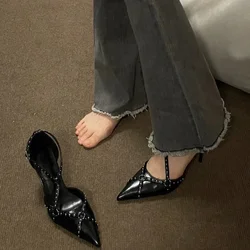 French vintage pointy riveted high heels for women 2023 spring and autumn new skinny with punk style with sexy single shoes