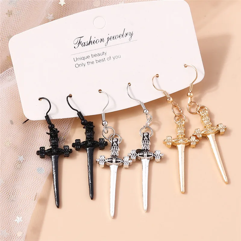 Aihua Gothic Vintage Schwert-Ohrringe für Damen und Herren, modischer Punk-Rock-Party-Schmuck, Accessoires, Geschenk, Fantasy-Kreuz-Ohrringe – Detail 1