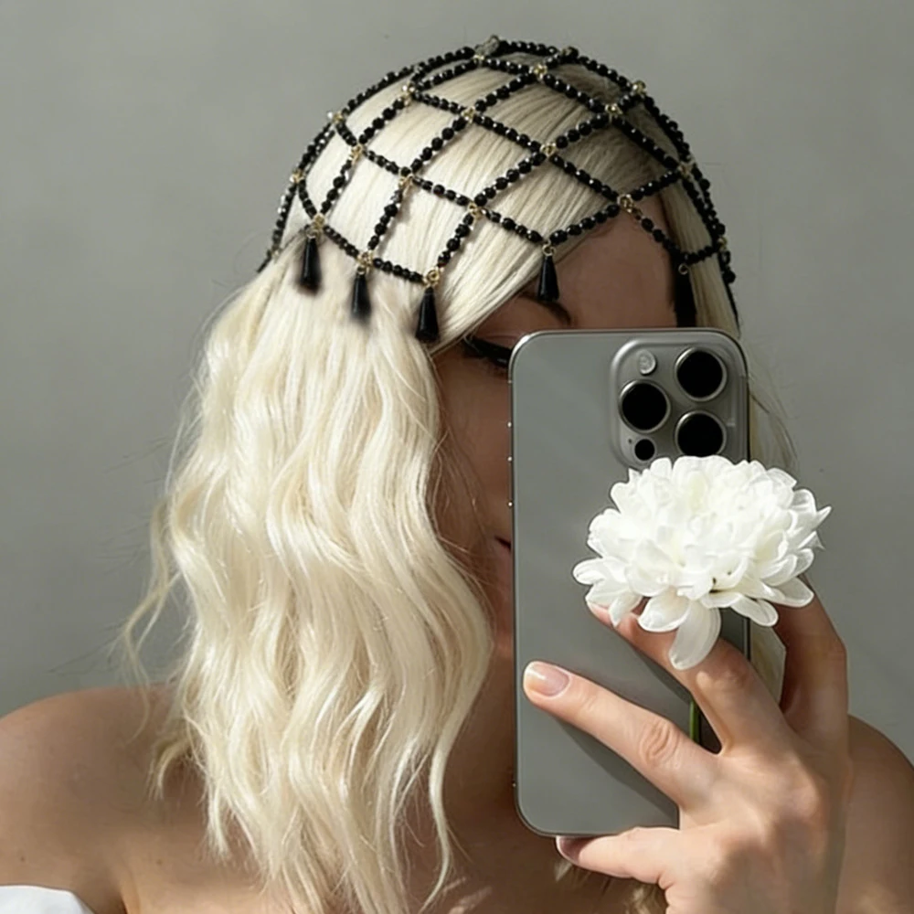 Elegant Princess Black Mesh Hat Headpiece Chain Women Accessories INS Acrylic Water Drop Tassel Head Chain Cap Wedding Jewelry