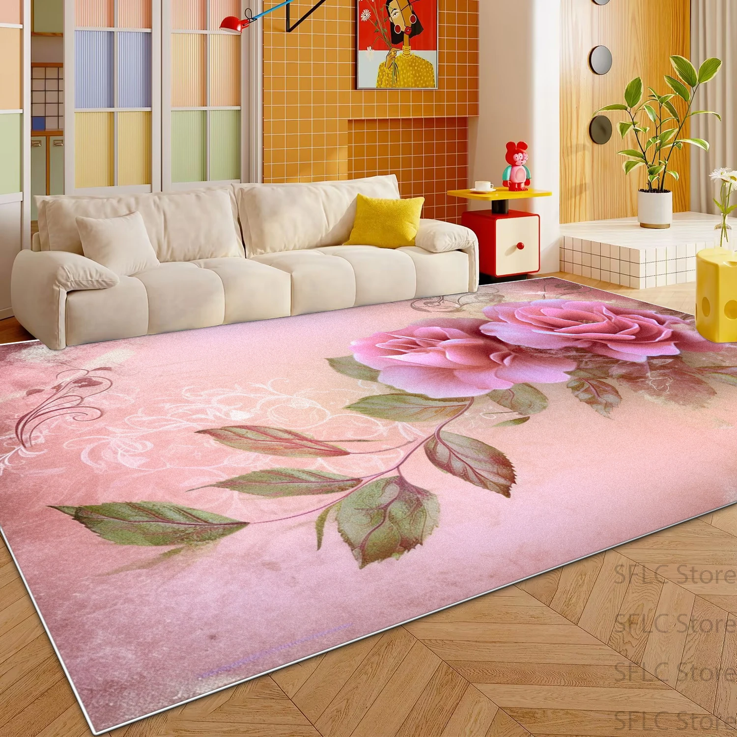 Pastoral Style 3D Rose Living Room Sofa Carpet Antiskid Washable Decoration Bedroom Bedside Mat Soft Easy Clean Study Area Rug