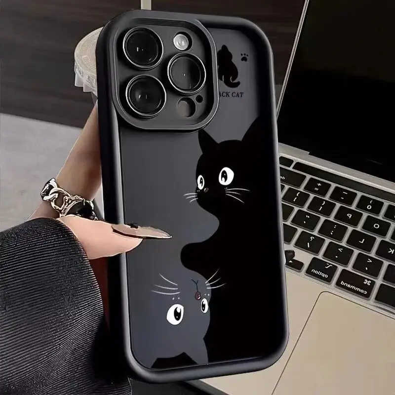 Cute Little Black Cat Case For Realme 11 5G 12 Pro Plus C53 C55 C63 C65 C12 C20 C12 C21 C30 Cover Silicone Soft Camera Protecti