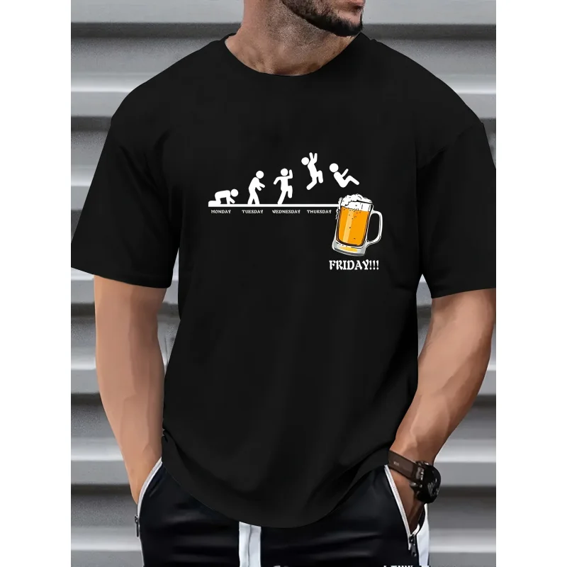 2026Camiseta informal con cuello redondo y estampado de cerveza para hombre -「Friday」Fibra de poliéster, diseño holgado, muy adecuada para uso informal