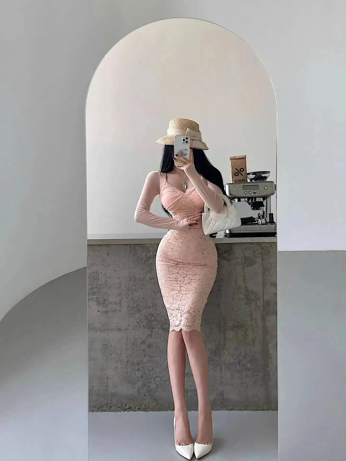 الرغبة النقية نمط عالية الخصر عودة الشق الدانتيل Bodycon ميدي تنورة أزياء ضئيلة المرأة التنانير الطويلة PNC2