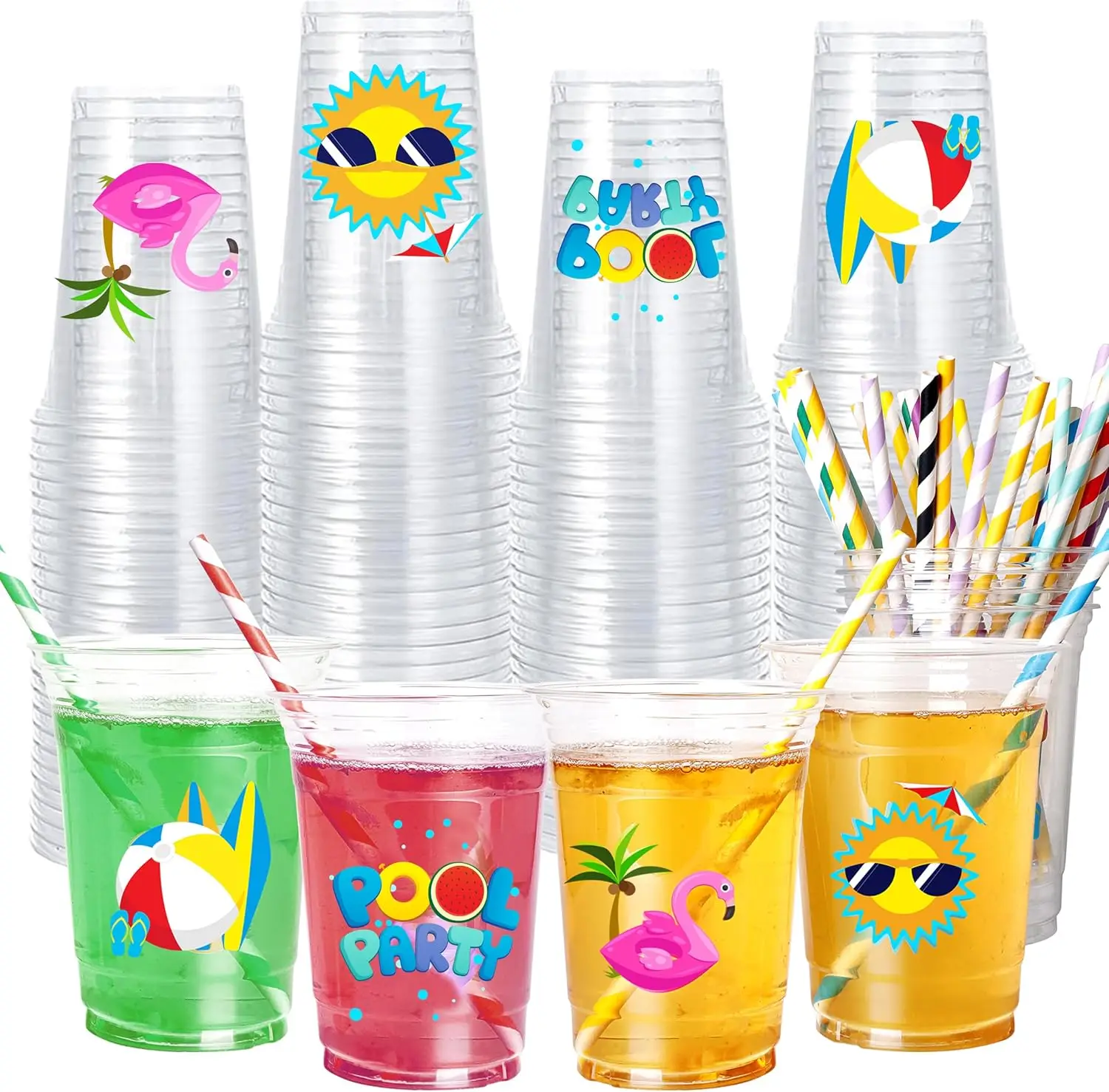 

100 Beach Pool Party Plastic Cups with Paper lids Summer 16oz Luau Swimming Party Disposable Plastic Cups Drinkware for