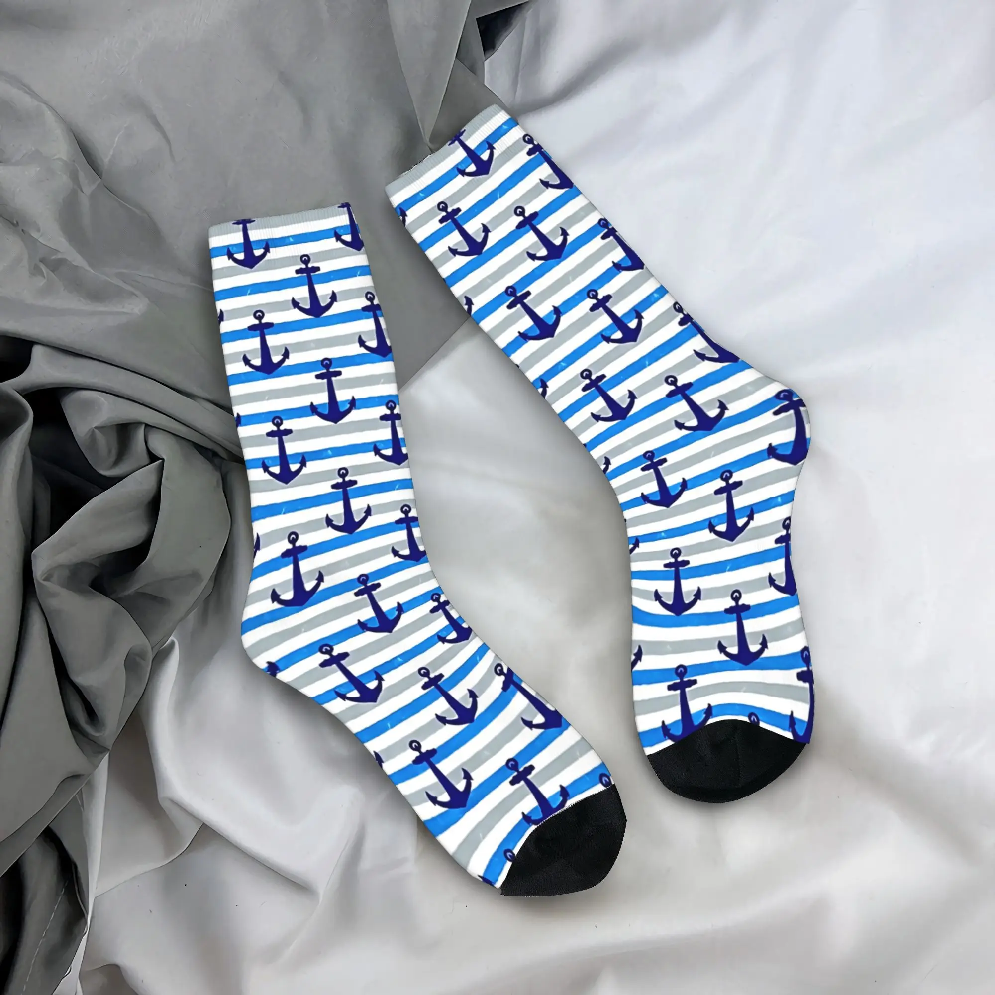 

Nautical Anchor With Blue Stripes Socks Fashion Stockings Adults Men Warm Soft Outdoor Socks Winter Design Non Slip Socks