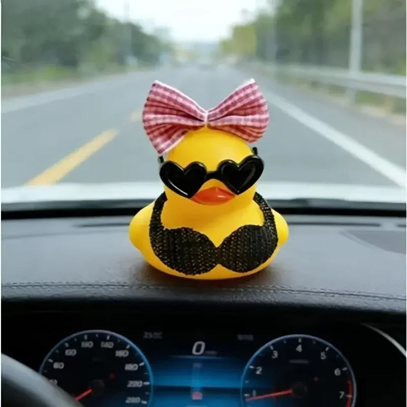 Sexy little yellow duck, wearing sunglasses and a bow headband, an essential accessory for car interiors, Car Decorations, Car Ornaments, suitable for motorcycles and bicycles