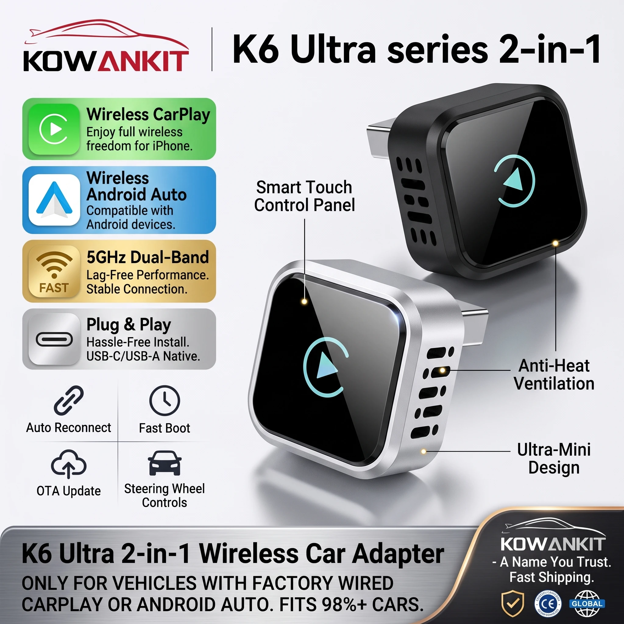 Kowankit 2026 Wireless CarPlay Mini Adapter Android Auto 2 in 1 Wired to Wireless Dongle Plug Play 5G for VW Toyota Nissan Honda