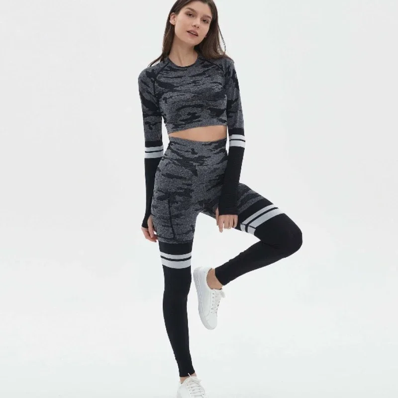 Camouflage Seamless Yoga Sports Suit Women's Sweat Absorb Quick Dry Fitness Suit High Waisted Yoga Pants High Stretch Leggings