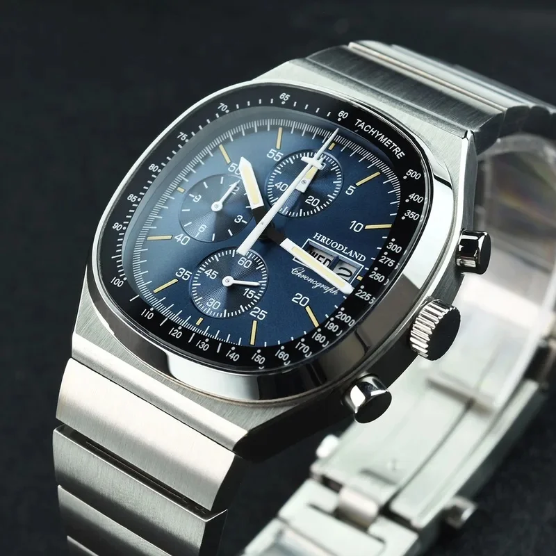 Hruodland 2025 New F022 Retro Quartz Chronograph Men Watches Sapphire Glass Blue Black Stainless Steel Fashion Dress Wristwatch