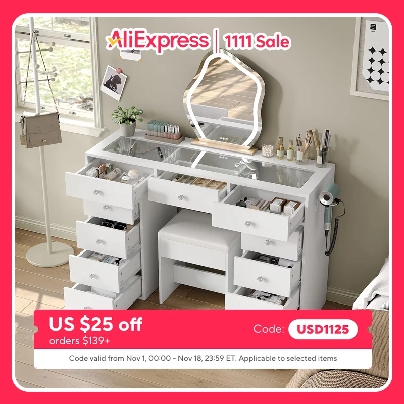 White 11-Drawer Makeup Vanity Desk with Tempered Glass Top, Built-in Charging Station (2 AC Outlets, 2 USB Ports & Hair Dryer Holder), Multi-Purpose Vanity Table for Home Office Study, Padded Stool Included, Easy Assembly for Bedroom Apartments