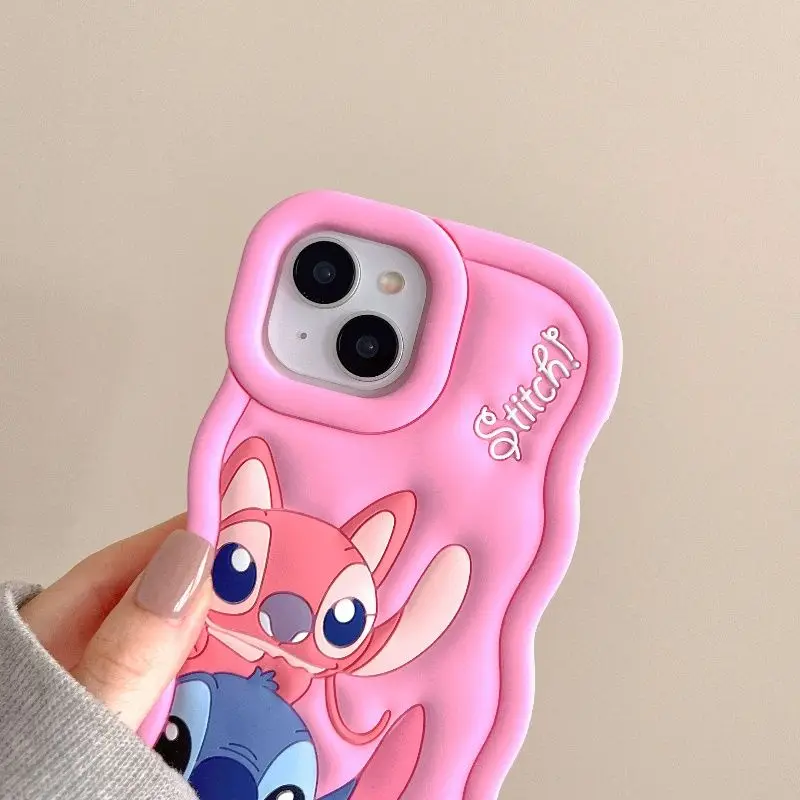 New Disney Stitch Angel Cute Phone Case For iPhone 15 14 13 12 11 Pro Max XR XS X 15 14 Plus Silicone Stereoscopic Cartoon Cover