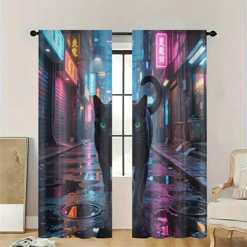 Waterproof Decorative Shower Curtain Neon City Cat Art Style Bath Decor Bathroom Curtain Cyberpunk Aesthetic Home Accent Panel