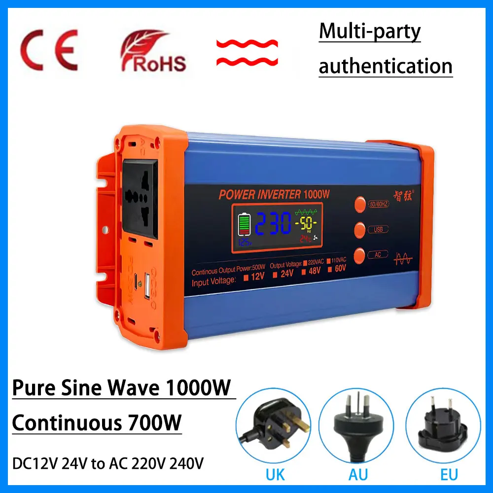 Pure Sine Wave Inverter DC 12v hybrid solar inverter Pure Sine Wave 1000W Continuous 600W Power Converter USB Interface Inverter