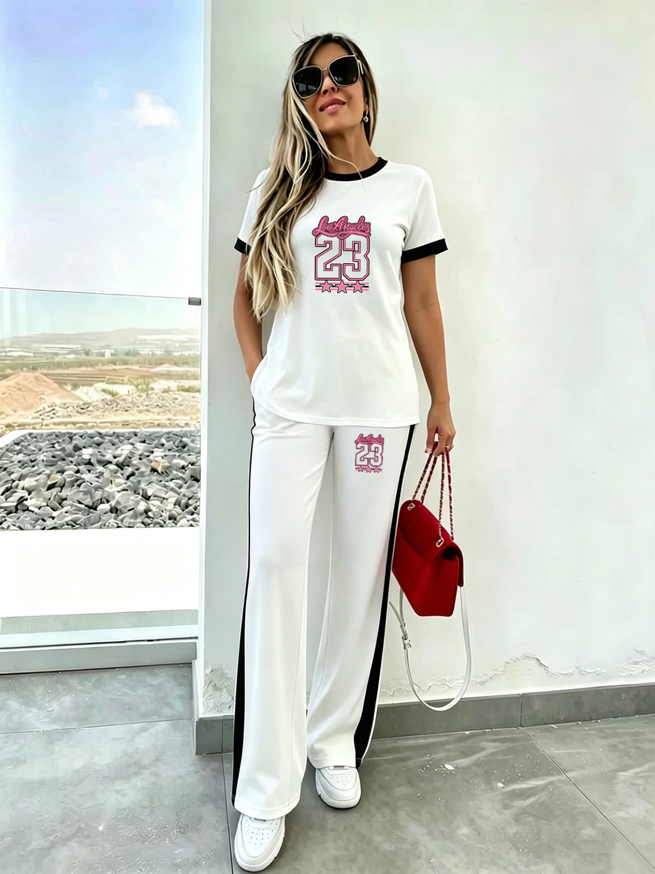 American Casual Style Trendy Set: Number 23 Letter Print Color-Block Short-Sleeve Top and Long Pants Two-Piece Set. Loose Breathable Crew Neck T-Shirt Paired with Straight Wide-Leg Pants. Casual Outfit for Everyday Wear. Women's Summer Comfortable Skin-Friendly Basic Casual Set