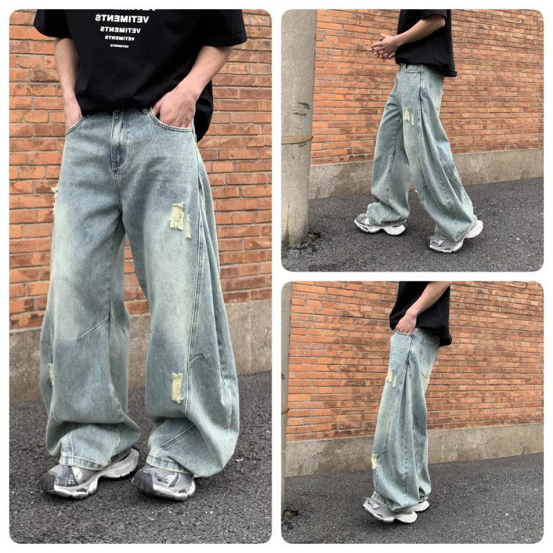 High-end new tide brand personality hole loose straight men's jeans light blue washed jeans Machete pants men's pants