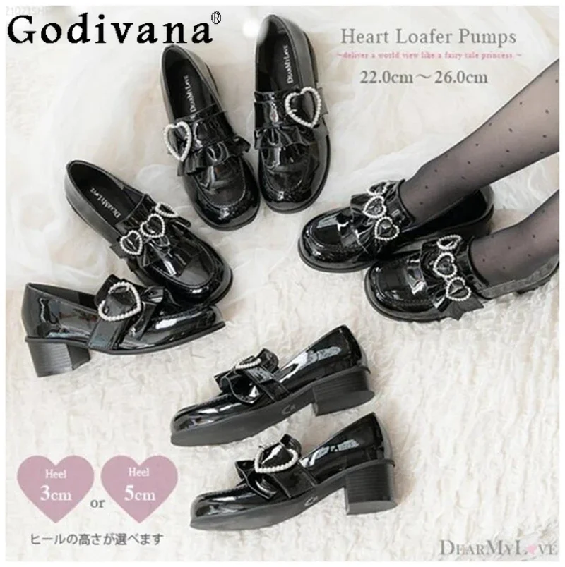 

Japanese Style JK Uniform Shoes Wooden Ear Pearl Heart Patent Leather Lolita Women's Black Pump Shoes Ladies Girls High Heels