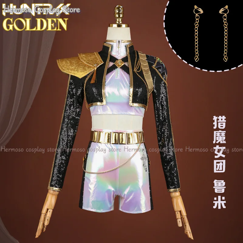 Zoey Mira Rumi Huntrix Take Down Stage Outfit Black Golden Cosplay Costume Wig Movie Kpop Demon Hunters Cosplay Korea Idol Dress - Image 5