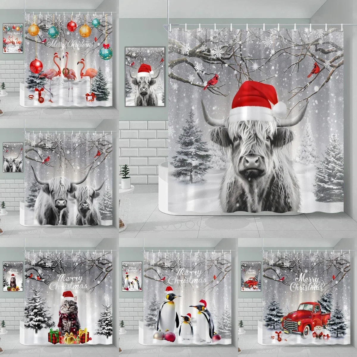 Christmas Shower Curtain, Winter Snowman Farm Animal Cat Truck Penguin Cow Moose Merry Christmas Red Bird Bathroom Decoration