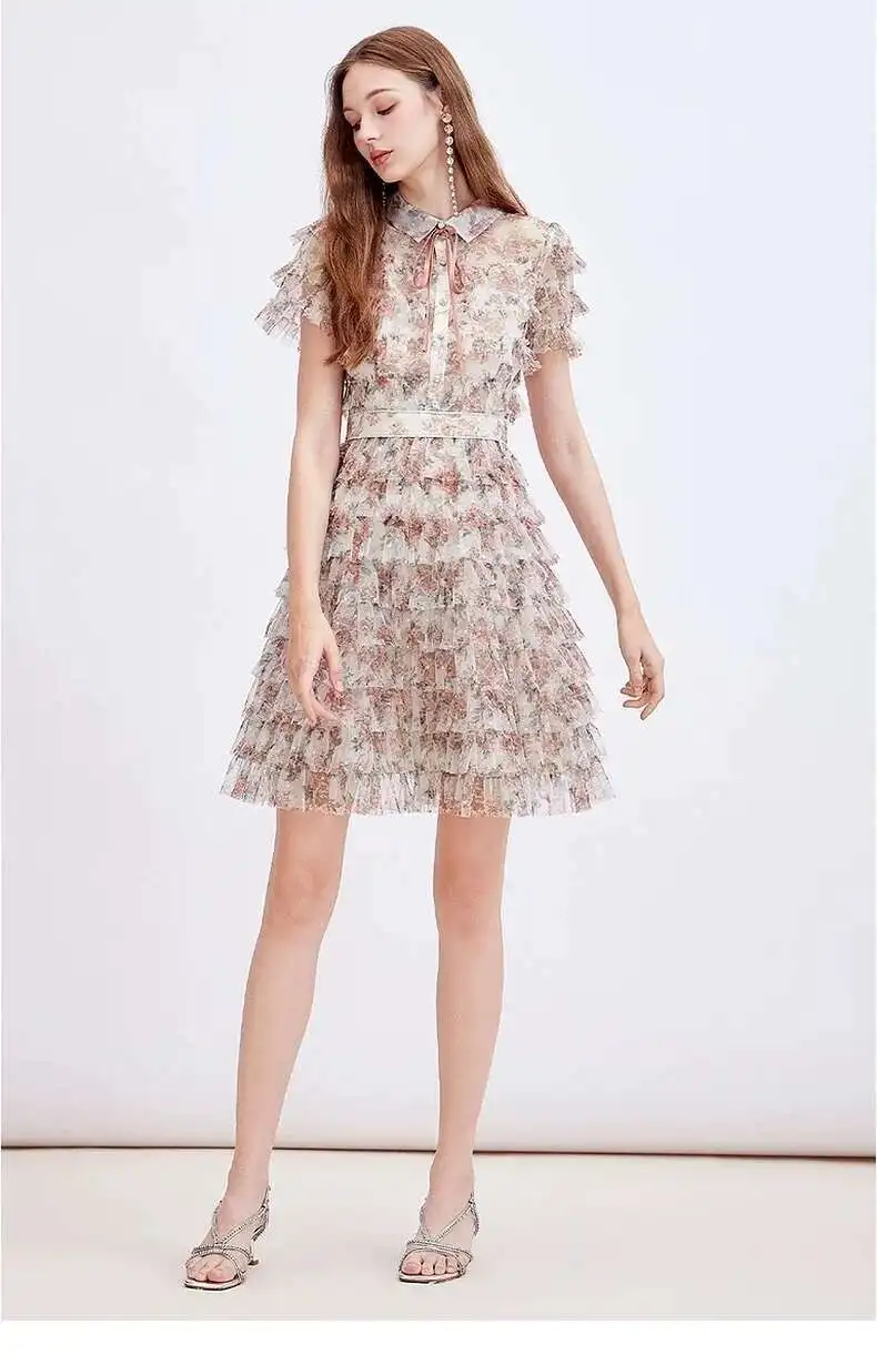 فساتين أنيقة فاخرة مكشكشة على شكل كعكة قميص نسائي للعطلات الصيفية مطبوعة بأكمام قصيرة فساتين سهرة بفيونكة منقط رداء الحفلات