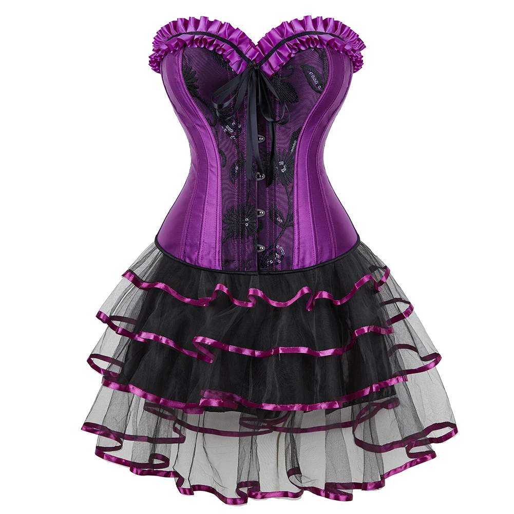 

Gothic Corset Dresses for Women Purple Lace Up Boned Corset with Skirt Tutu Sets Sexy Vintage Corset Skirt Dress Plus Size S-6XL