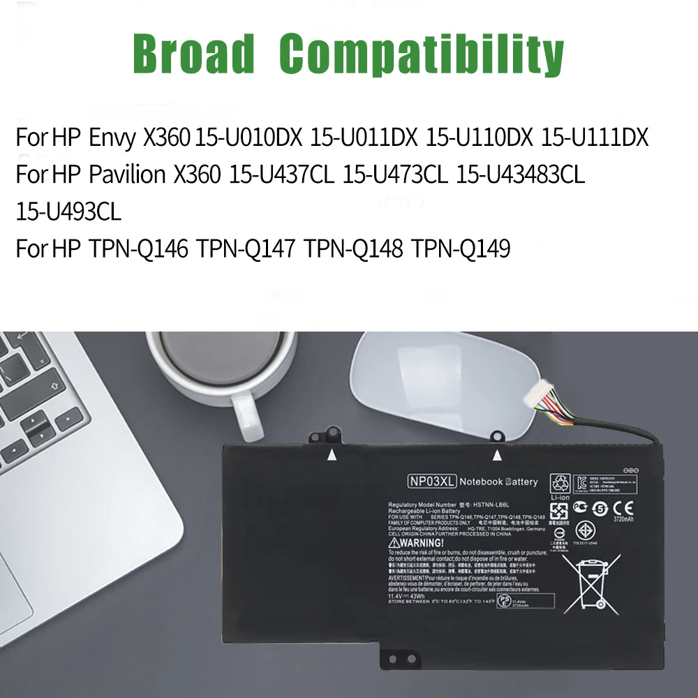 بطارية SKOWER NP03XL لجهاز HP Envy X360 15-U011DX 15-U410NR Pavilion 13-A010DX TPN-Q146/Q147/Q148