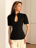 Stand Collar Single Breasted Women Blazer Fashion Solid Short Sleeve Elegant Female Top Spring Summer Party For Lady