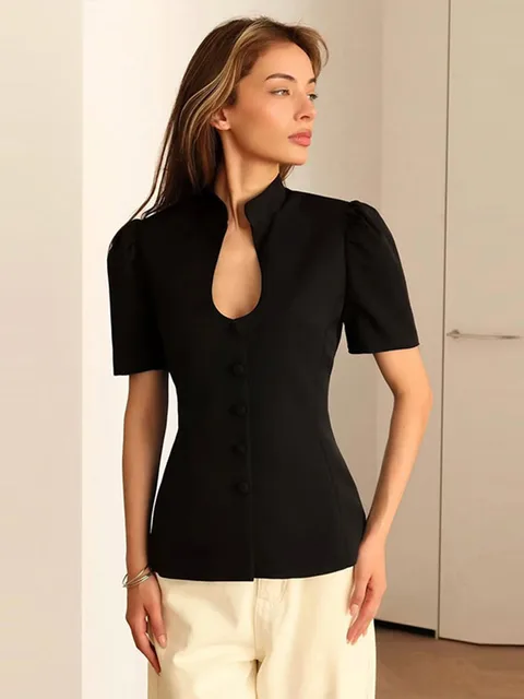 Stand Collar Single Breasted Women Blazer Fashion Solid Short Sleeve Elegant Female Top Spring Summer Party For Lady