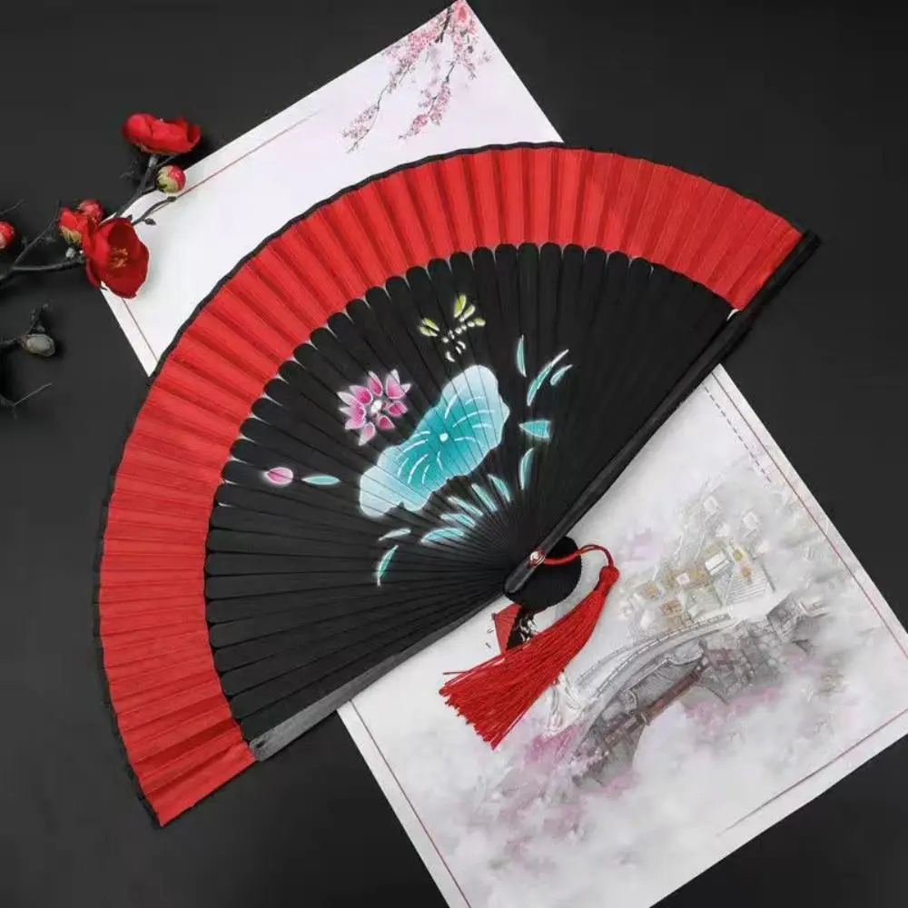 Chinese Style Blossom Printing Folded Fan Exquisite Retro Tassel Folding Fan with Tassel Classical Elegant Handheld Fans