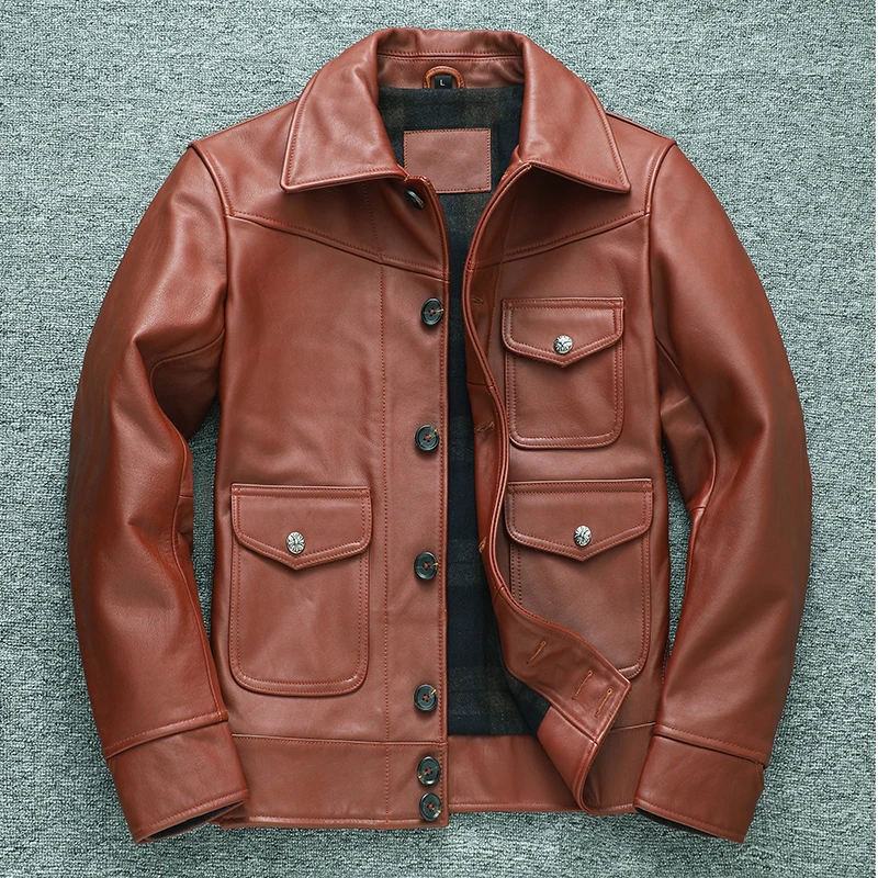 

Men's Casual Leather Jaet Autumn Winter New Sle Top Layer Cowhide Busin Leisure Collar Multiple kets Leather Coat
