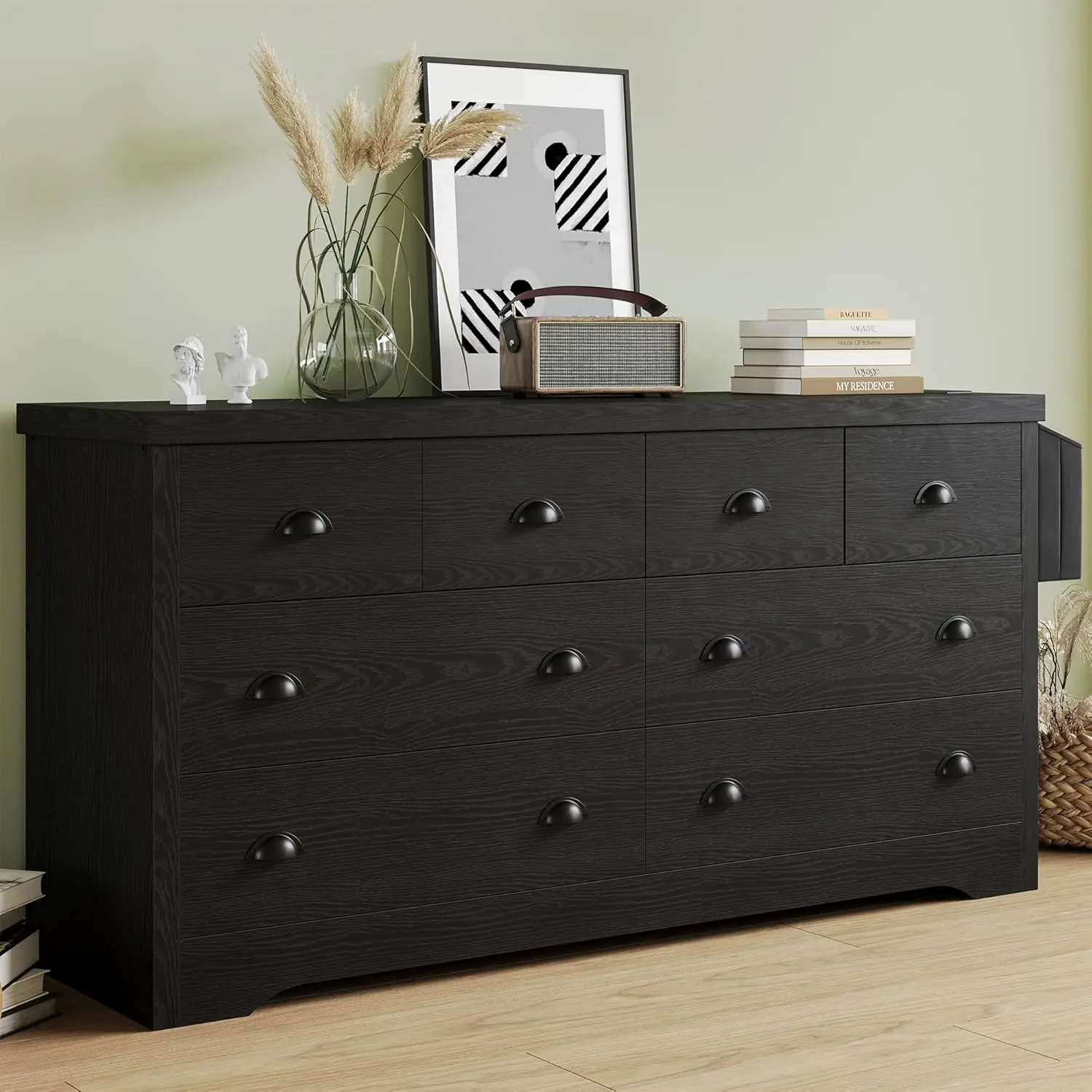 Likimio Dresser 8 Drawer, Modern Wood Bedroom Dresser With With Charging Station And Storage Bag, Storage Chest Of Drawers For