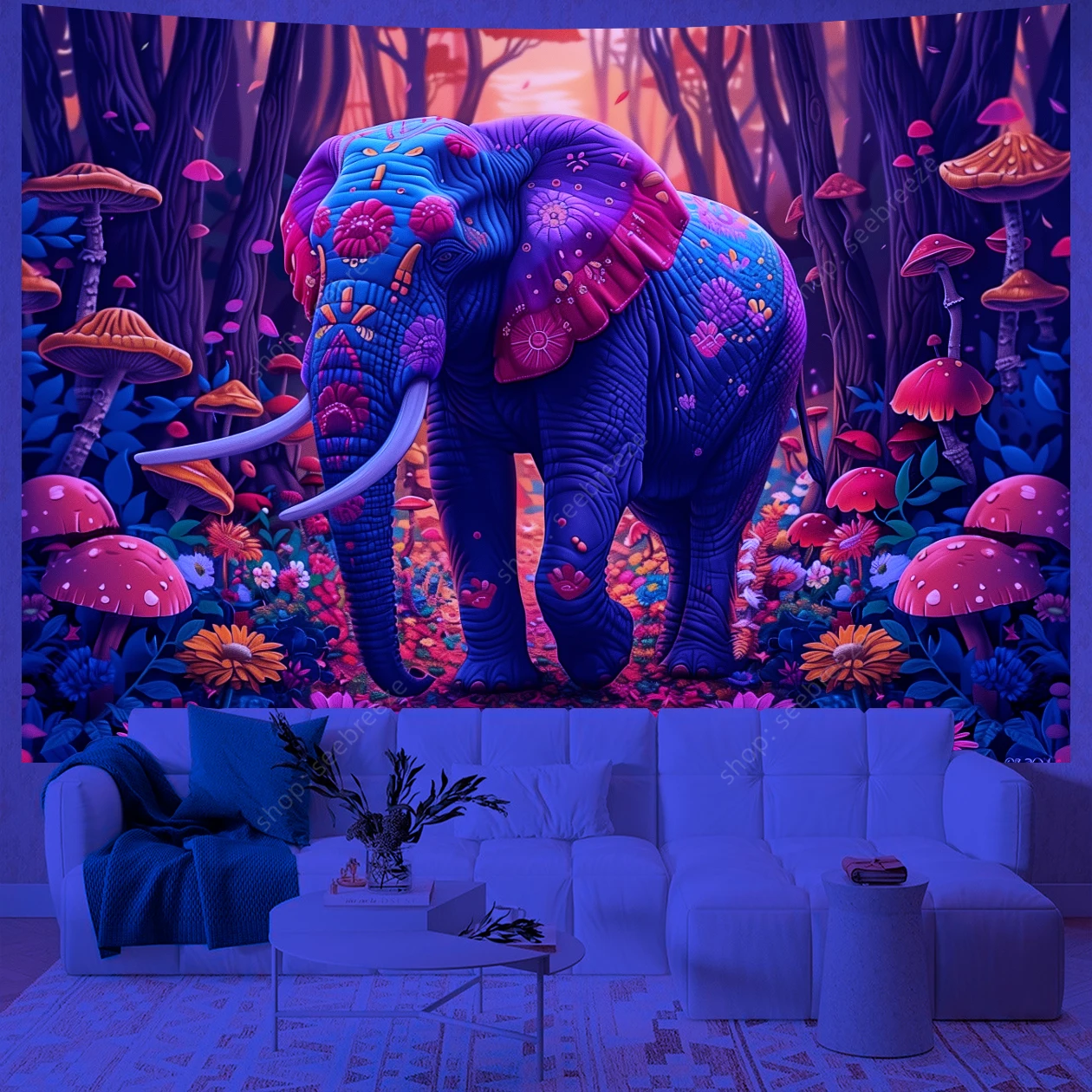 Elephant UV Reactive Tapestry Psychedelic Forest Flower Tapestry Wall Hanging for Kawaii Room Decor Aesthetic Bedroom Wall Decor
