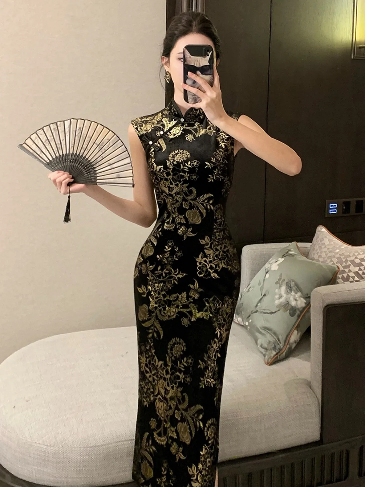 

Sexy Bla Print Long Qipao Dr Women's Bodycon Skirt Young Girl High Waist Slit Daily Wear Floral Pattern Traditional Chin...