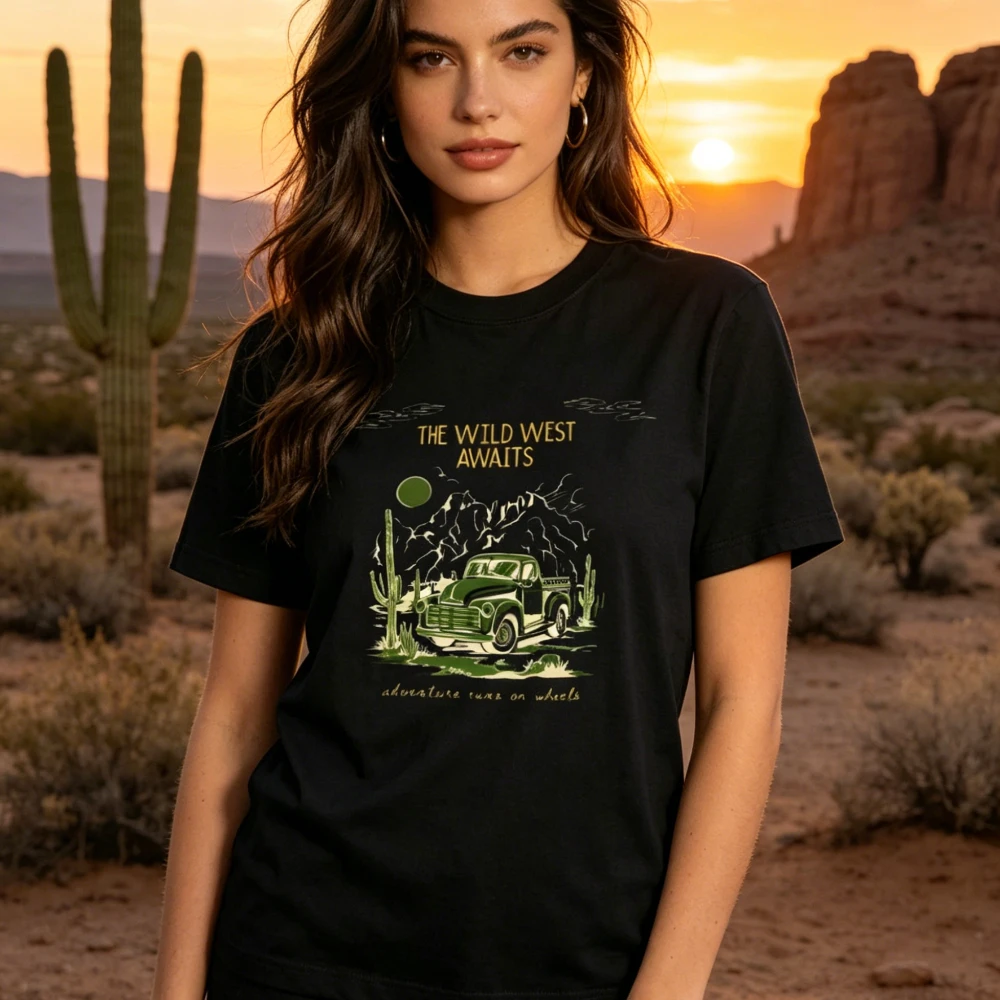 The Wild West Awaits Vintage Old Truck Desert Cactus Graphic T-Shirt Retro Western Mountain Adventure Runs on Wheels Tee