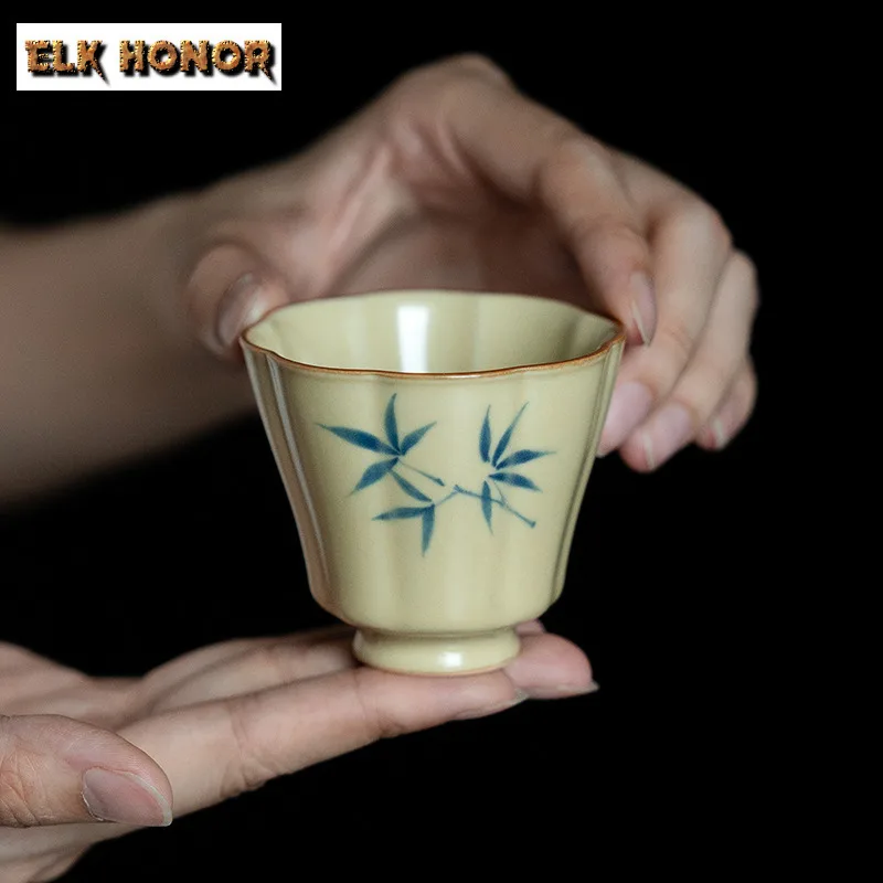 

2 шт./компл., античная чашка из пчелиного воска, желтая мастерская, ручная роспись, зеленая бамбуковая чашка для чая, керамическая чашка с лепестками, дегустационная кружка, ретро-кувшин для воды, 70 мл