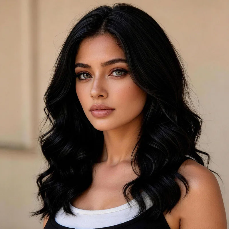 20-inch synthetic black curly wig with a soft center part, creating a sophisticated and stylish look for fashionable women.