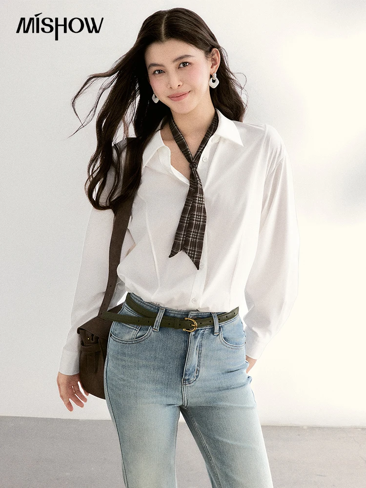 MISHOW Women's Casual Loose Shirt with Plaid Scarf 2026 Spring Lapel Tops Versatile Long Sleeve Shirts Office Lady MXF108C0815