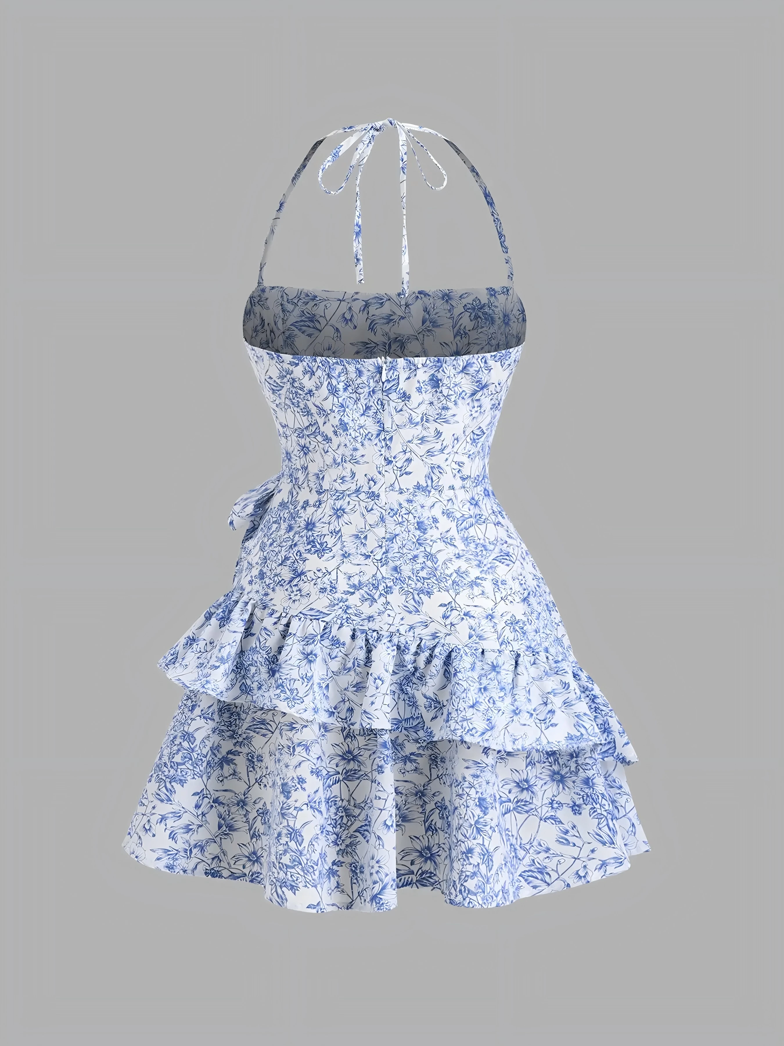 Women Summer Floral Print Sleeveless Halter Tie Backless Mini Halter Dress Cami Short Dresses Ruffle Trim Casual Dresses