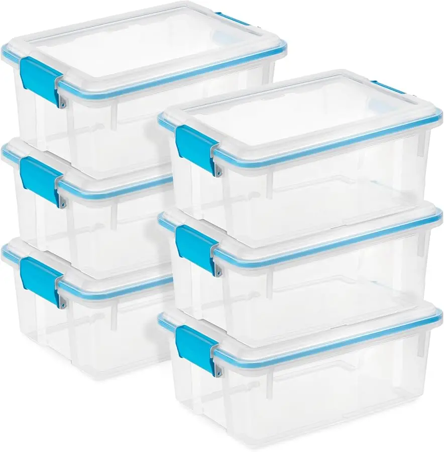 

6-Pack Gasket Box, Weather-Resistant Storage Bins with Latching Lids, 12 Quart - Heavy-Duty Organizing Containers for Closet, Ba