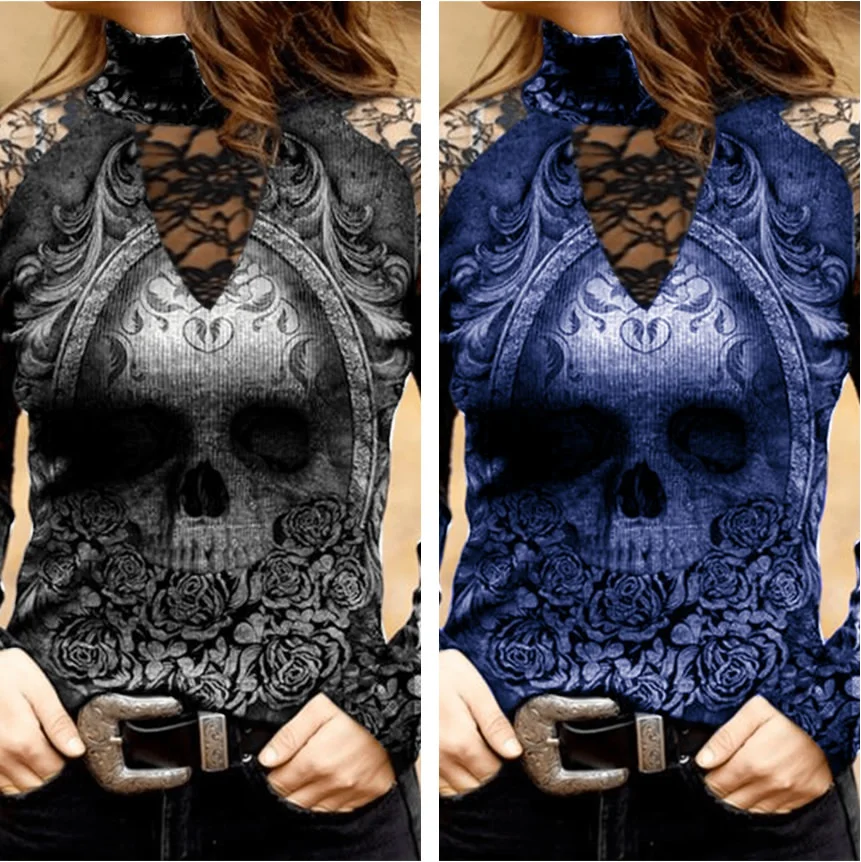 GELITAYIN Women Cool Fashion Autumn And Winter Turtle Neck Skull & Flower Print T-shirt Gothic Hollow Long Sleeve Ladies Tops Pu