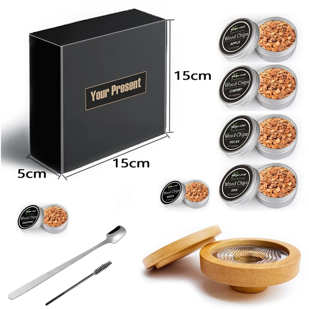 6Aroma Wooden Chips with Utensils & Smoked Lid Nature's Elegance Carfted for Your Table Cheese Board Set or Smoked Bread Bin