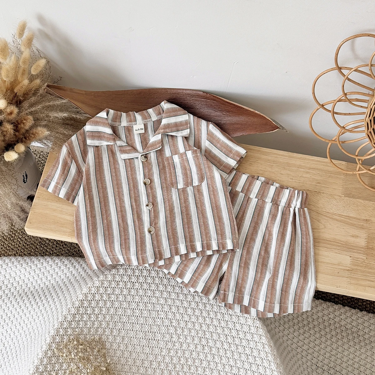 Newborn Baby Boys Girls Clothing Summer Set Green Stripe Buttoned Short Sleeved Lapel Shirt +Shorts Clothes 2Pcs Set