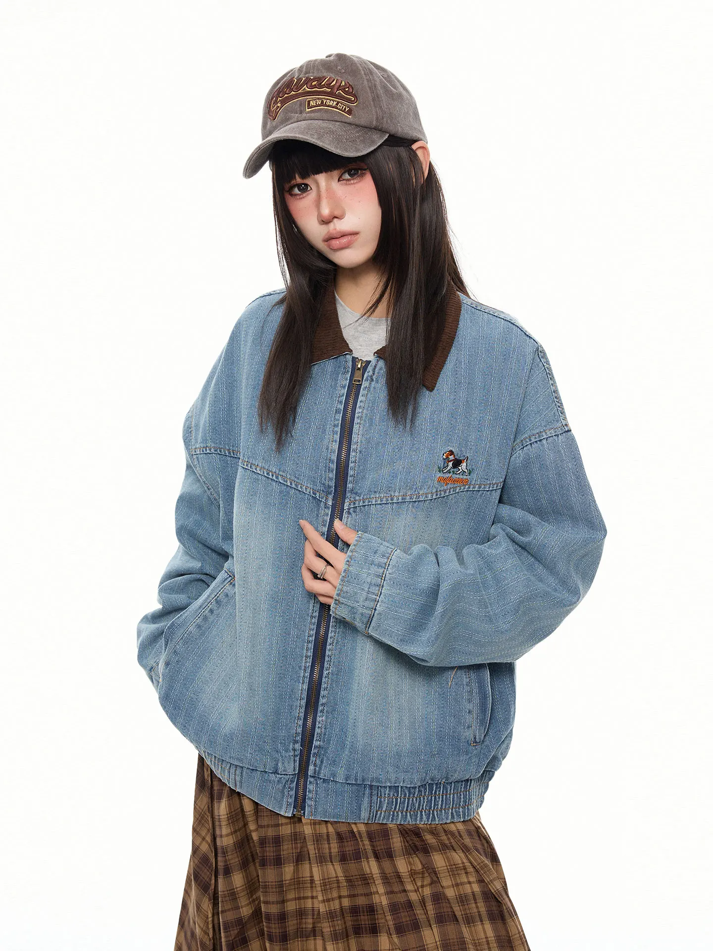 K787 Embroidered Dog American Retro Vertical Stripe Campus Denim Jacket Loose College Style Outerwear for Men Youthful Autumn...