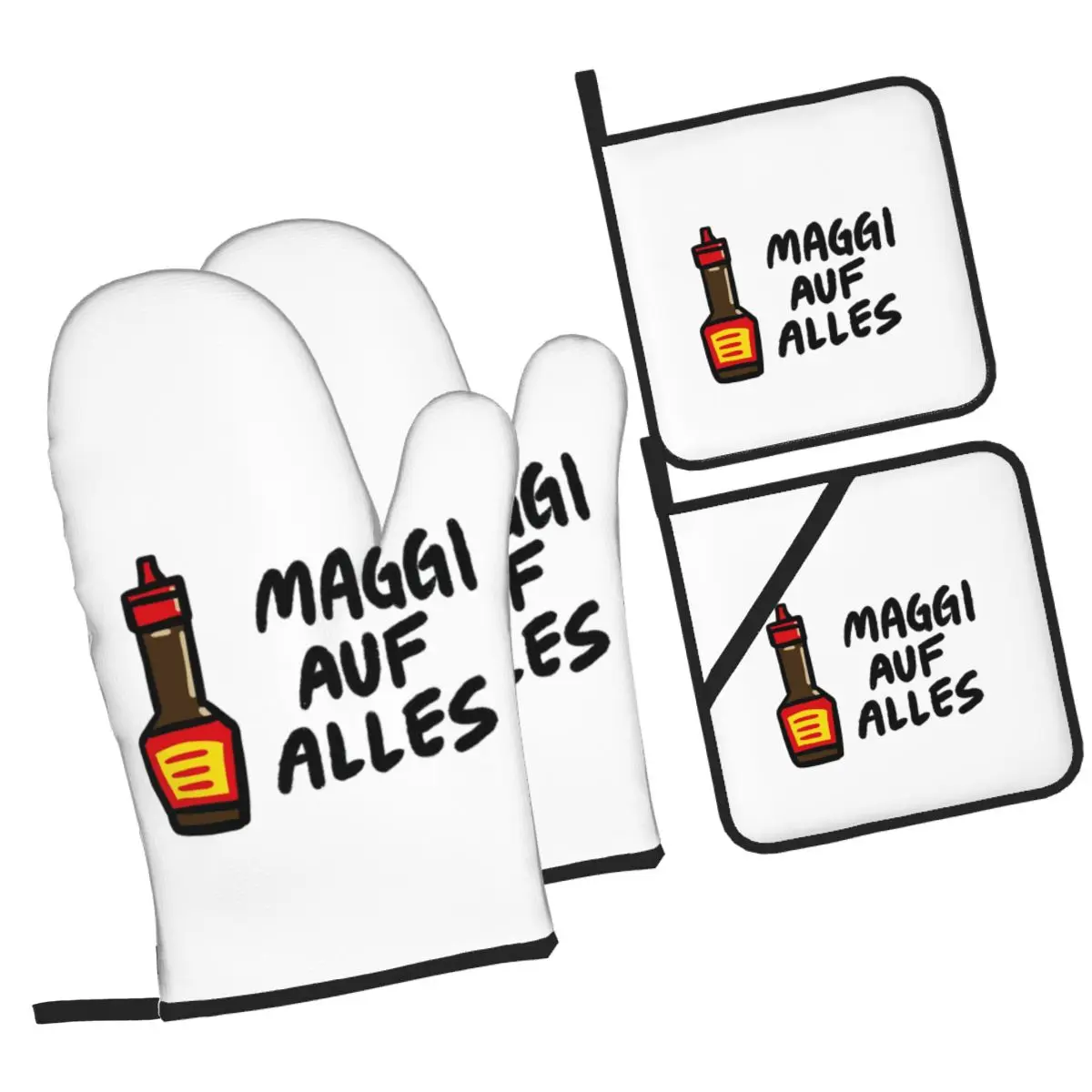 Maggi Auf Alles Deutsch Ofenhandschuhe und Topflappen, 4er-Set zum Backen, Küche, Kochen, Grillen, rutschfeste Handschuhe