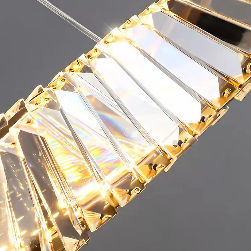 LED luxury crystal long dining pendant light, single spiral dining table, bar counter, creative hanging pendant light, glossy