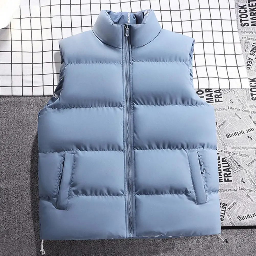 

Zipper Closure Vest Coat Men's Reversible Sleeveless Puffer Vest with Stand Collar Drawstring Hem Stylish Zipper for Windproof