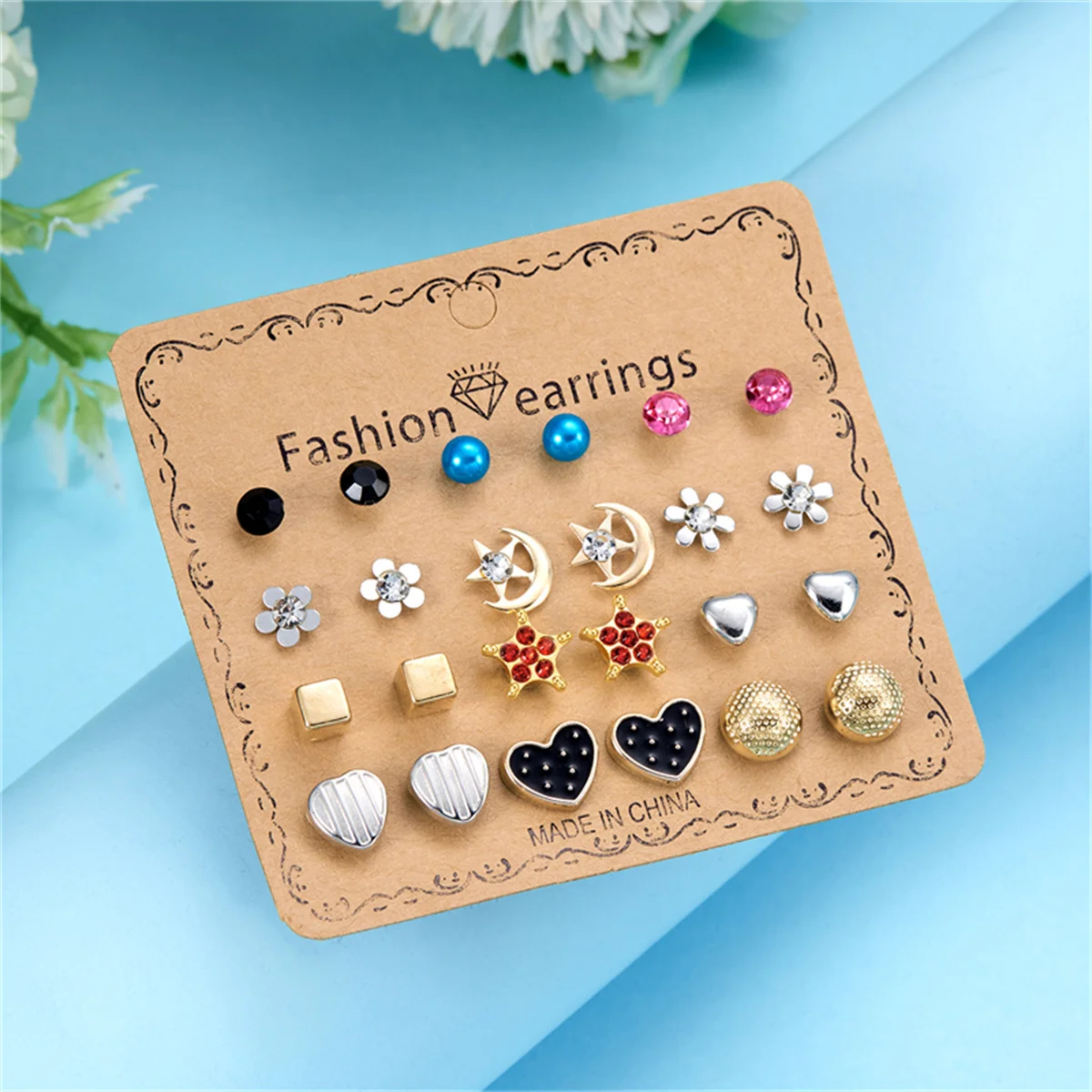 12Pairs/Set Trendy Love Heart Flower Stud Earrings For Women Vintage Zircon Imitation Pearl Star Butterfly Earring Party Jewelry