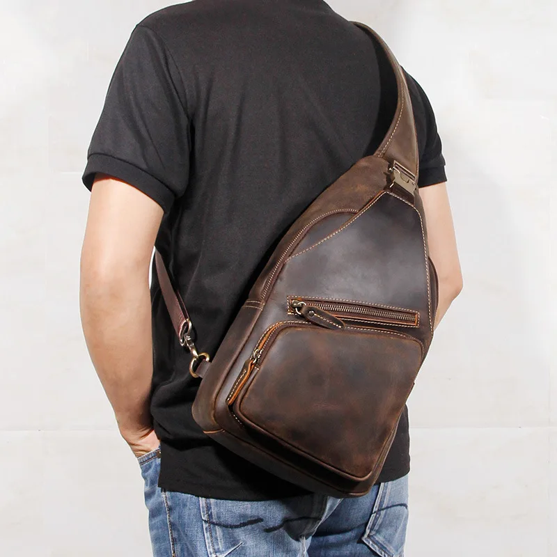 Vintage Men's Chest Bag High Quality Crazy Horse Leather Man Crossbody Bags Versatile Luxury Cow Leather Men Chest Pack